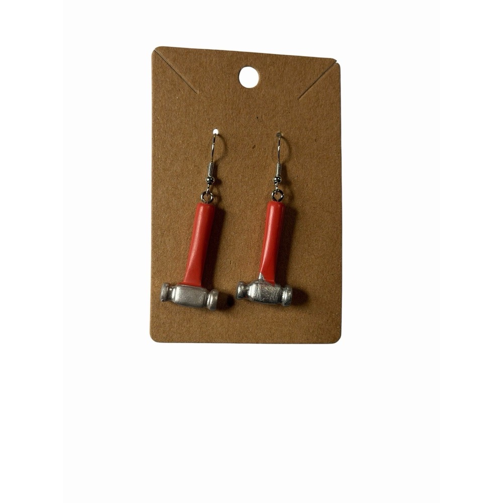 Handmade Novelty Hammer Drop Earrings Red Silver Tool Jewelry DIY Gift